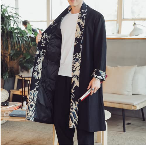 Mens Long Kimono Cardigan Open Front Print Cotton Linen Trench Coat