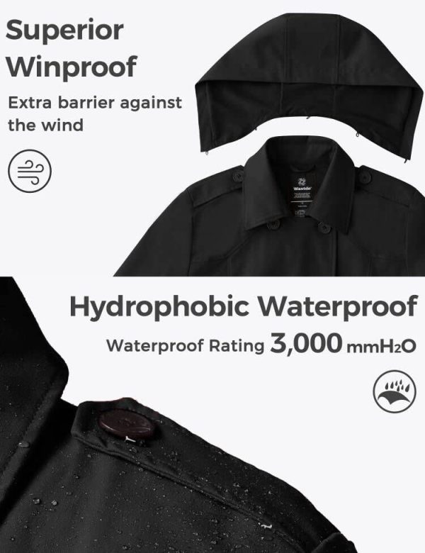 Women's Plus Size Trench Coat Double-Breasted Waterproof Lapel Overcoat Stylish Pea Coat with Detachable Hood