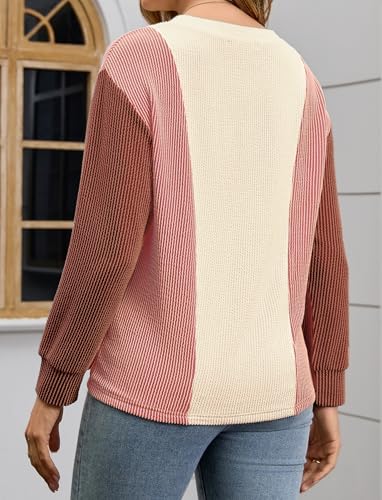 Womens Long Sleeve Tops Color Block Crewneck Knitted Casual Pullover Sweatshirt Loose Fit Fall Trendy Tops