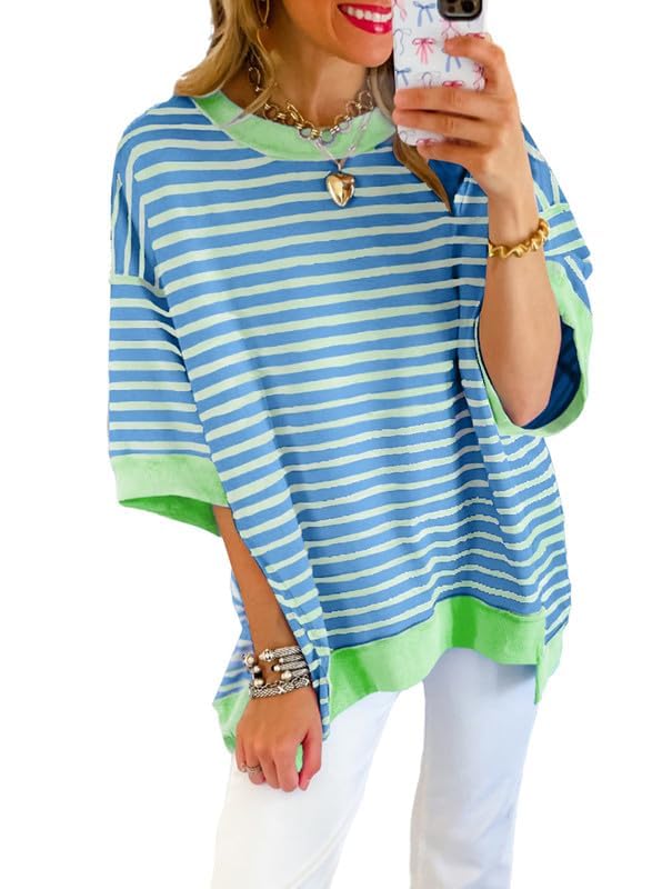 Womens Tops Casual Short Sleeve Sweatshirt Crewneck Striped Shirt Pullover T Shirts Loose Blouses