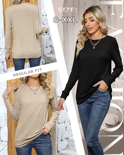 2 Pack Women's Casual Sweatshirts, Long Sleeve Cotton Shirts Loose Fit Lightweight Crew Neck Basic Tops Pullover