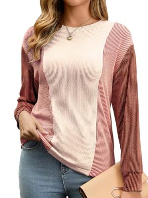 Womens Long Sleeve Tops Color Block Crewneck Knitted Casual Pullover Sweatshirt Loose Fit Fall Trendy Tops