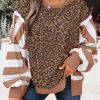 Striped Leopard Sweatshirt for Women Color Block Patchwork Drop Shoulder Side Slit Pullover Shirt Tops