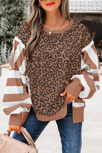 Striped Leopard Sweatshirt for Women Color Block Patchwork Drop Shoulder Side Slit Pullover Shirt Tops