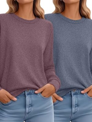 2 Pack Women's Casual Sweatshirts, Long Sleeve Cotton Shirts Loose Fit Lightweight Crew Neck Basic Tops Pullover