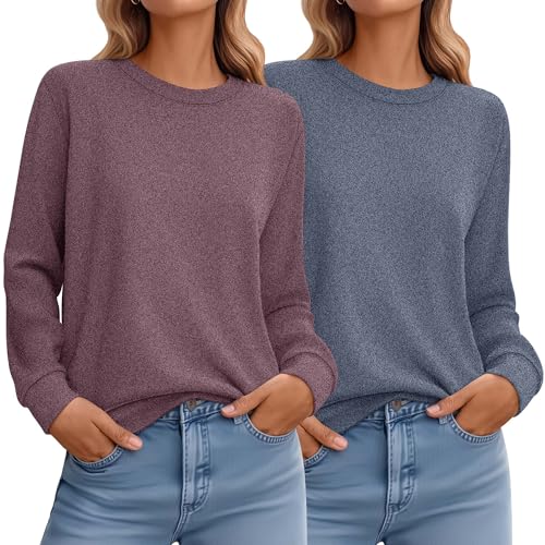 2 Pack Women's Casual Sweatshirts, Long Sleeve Cotton Shirts Loose Fit Lightweight Crew Neck Basic Tops Pullover