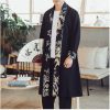 Mens Long Kimono Cardigan Open Front Print Cotton Linen Trench Coat