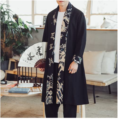 Mens Long Kimono Cardigan Open Front Print Cotton Linen Trench Coat