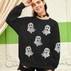 Halloween Sweatshirts for Women Sequin Ghost Long Sleeve Shirt Oversized Spooky Season Pullover Tops
