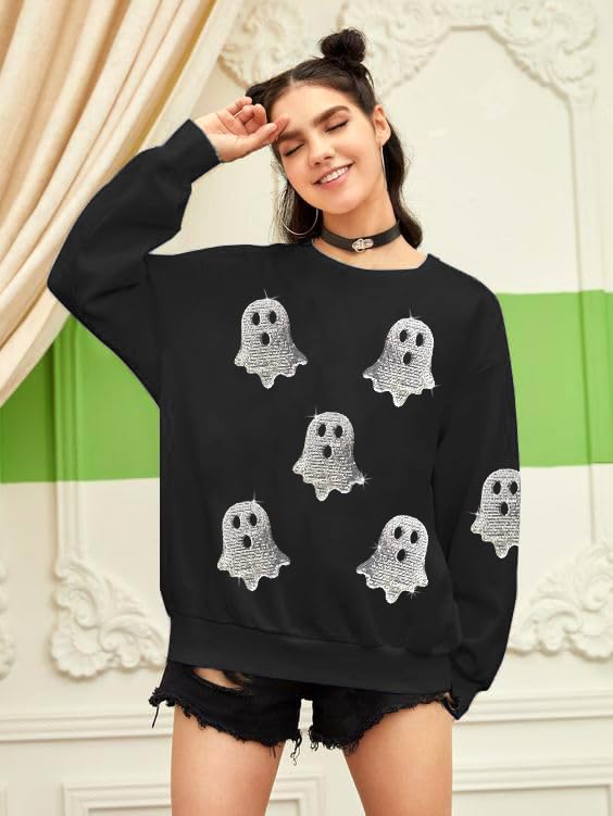 Halloween Sweatshirts for Women Sequin Ghost Long Sleeve Shirt Oversized Spooky Season Pullover Tops
