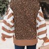 Striped Leopard Sweatshirt for Women Color Block Patchwork Drop Shoulder Side Slit Pullover Shirt Tops