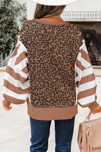 Striped Leopard Sweatshirt for Women Color Block Patchwork Drop Shoulder Side Slit Pullover Shirt Tops