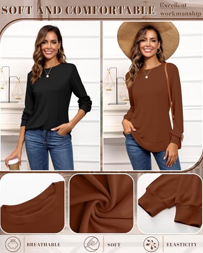 2 Pack Women's Crew Neck Sweatshirts, Cotton Long Sleeve Casual Shirts Loose Fit Tunic Tops Plain Basic Pullover Tees