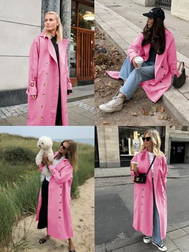 Womens Long Trench Coat Oversized Double Breasted Windproof Classic Lapel Casual Fall Overcoat