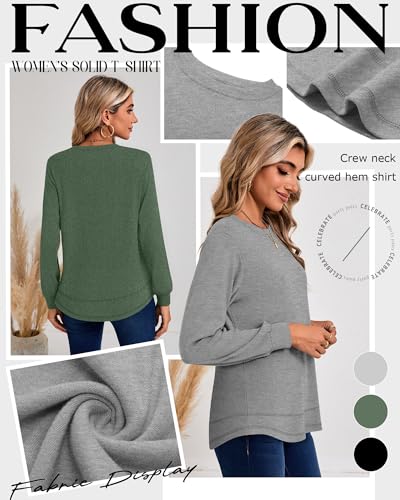 3 Pack Women's Long Sleeve Shirts, Cotton Crew Neck Tunic Tops Casual Loose Fit Pullover Sweatshirts Curved Hem Shirts