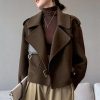 Women Cropped Wool Coats Warm Pea Coat Notched Lapel Open Front Trench Overcoat Jackets with Pockets