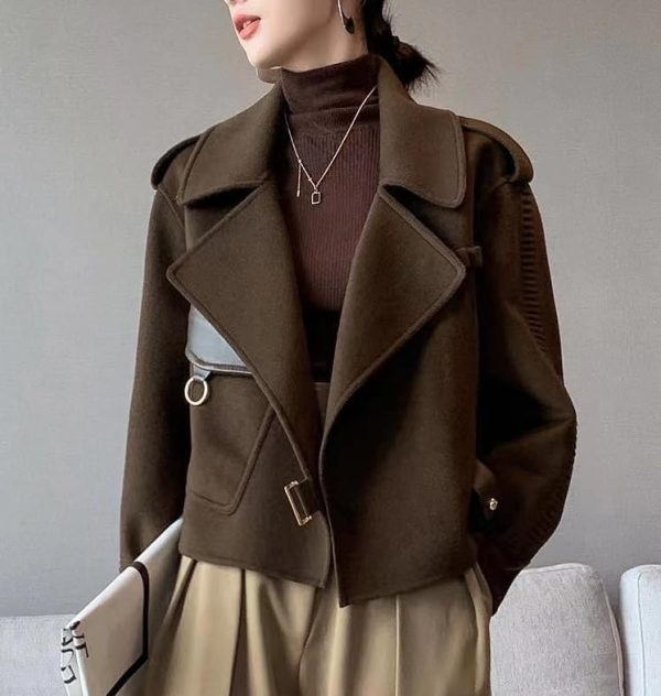 Women Cropped Wool Coats Warm Pea Coat Notched Lapel Open Front Trench Overcoat Jackets with Pockets