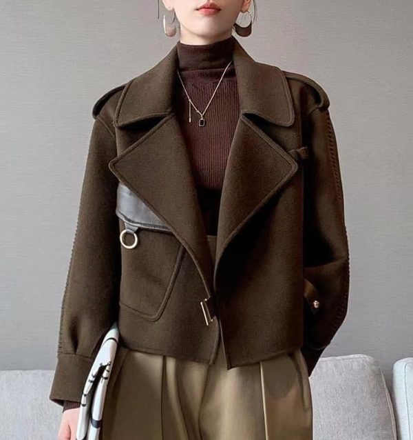 Women Cropped Wool Coats Warm Pea Coat Notched Lapel Open Front Trench Overcoat Jackets with Pockets