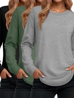 3 Pack Women's Long Sleeve Shirts, Cotton Crew Neck Tunic Tops Casual Loose Fit Pullover Sweatshirts Curved Hem Shirts
