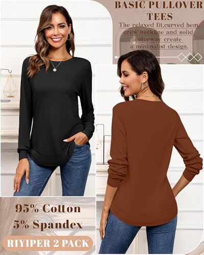 2 Pack Women's Crew Neck Sweatshirts, Cotton Long Sleeve Casual Shirts Loose Fit Tunic Tops Plain Basic Pullover Tees