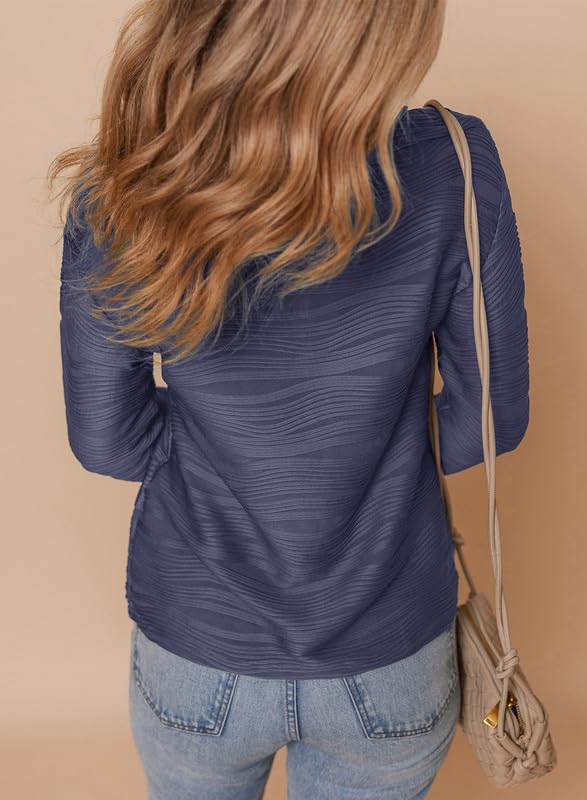 Women's Casual Half Zip Long Sleeve Pullover Shirts Solid Color Textured Sweatshirt Tunic Tops