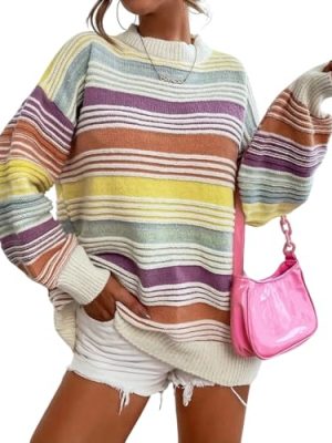 Women Contrast Striped Pullover Sweater 2025 Fall Outfits Oversized Knit Jumper Tops