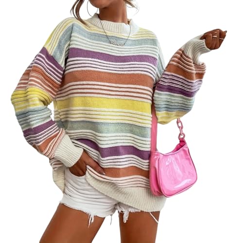 Women Contrast Striped Pullover Sweater 2025 Fall Outfits Oversized Knit Jumper Tops