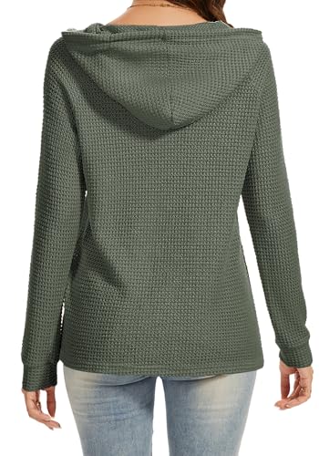 Hoodies for Women Waffle Knit V Neck Oversized Sweatshirt Button Down Drawstring Hooded Pullover Tops for Fall 2025