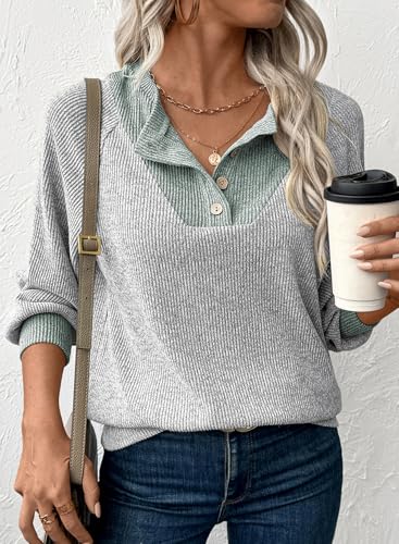 Womens Fall Fashion 2025 Womens Long Sleeve Shirts Patchwork Button Up V Neck Sweatshirt Casual Pullover Tops