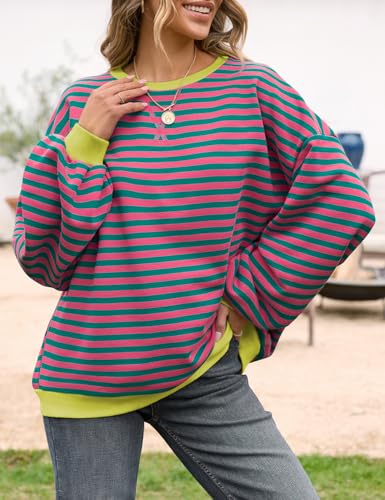 Women Oversized Striped Crewneck Sweatshirt Long Sleeve Color Block Pullover Tops Casual Loose Workout Shirt
