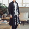 Mens Long Kimono Cardigan Open Front Print Cotton Linen Trench Coat