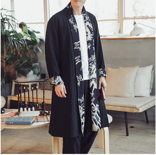Mens Long Kimono Cardigan Open Front Print Cotton Linen Trench Coat