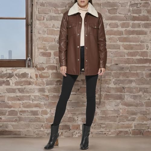 womens Modern Updated Shacket Belted Trench Faux-leather
