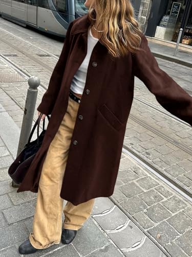 Womens Long Single Breasted Coats Lapel Collar Peacoat Fall Winter Casual Trench Coat Jacket Outwear