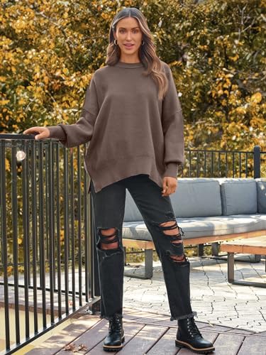 Women's Oversized Batwing Sweaters 2025 Fall Outfits Trendy Crewneck Knit Side Slit Fashion Pullover Tops