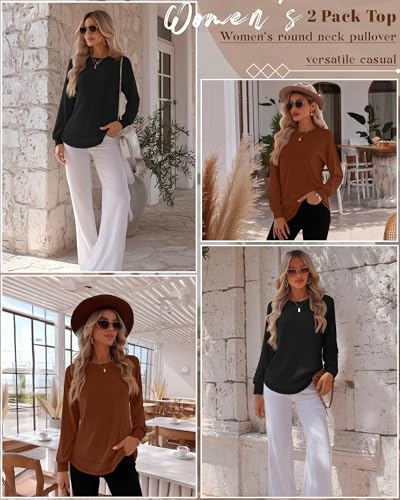 2 Pack Women's Crew Neck Sweatshirts, Cotton Long Sleeve Casual Shirts Loose Fit Tunic Tops Plain Basic Pullover Tees