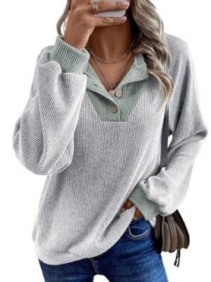 Womens Fall Fashion 2025 Womens Long Sleeve Shirts Patchwork Button Up V Neck Sweatshirt Casual Pullover Tops