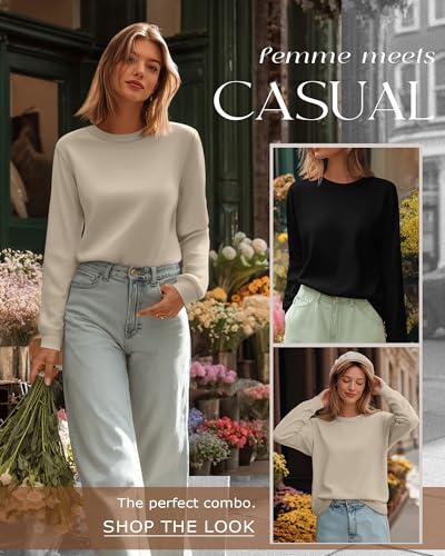2 Pack Women's Casual Sweatshirts, Long Sleeve Cotton Shirts Loose Fit Lightweight Crew Neck Basic Tops Pullover