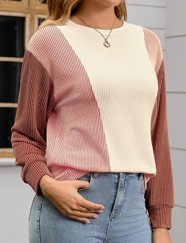 Womens Long Sleeve Tops Color Block Crewneck Knitted Casual Pullover Sweatshirt Loose Fit Fall Trendy Tops