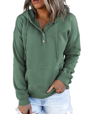 Womens 2025 Hoodies Button Collar Drawstring Hooded Pullover Sweatshirt Casual Long Sleeve Tops Shirts