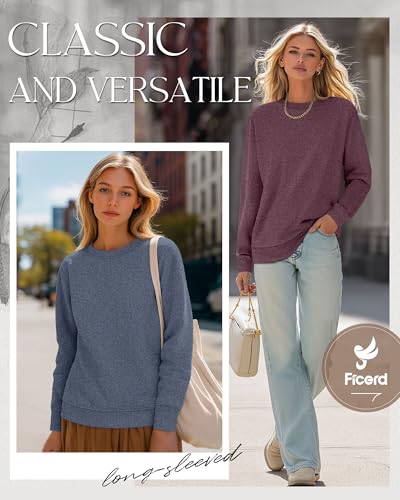 2 Pack Women's Casual Sweatshirts, Long Sleeve Cotton Shirts Loose Fit Lightweight Crew Neck Basic Tops Pullover
