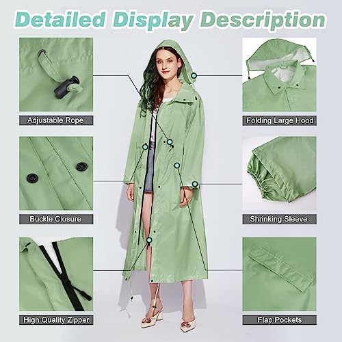 Womens Long Raincoats Rain Jacket Waterproof Packable Hooded Windbreaker Lightweight Adjustable Waist for Outdoor