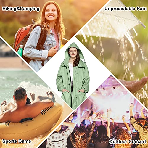 Womens Long Raincoats Rain Jacket Waterproof Packable Hooded Windbreaker Lightweight Adjustable Waist for Outdoor