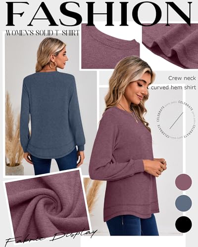 3 Pack Women's Long Sleeve Shirts, Cotton Crew Neck Tunic Tops Casual Loose Fit Pullover Sweatshirts Curved Hem Shirts