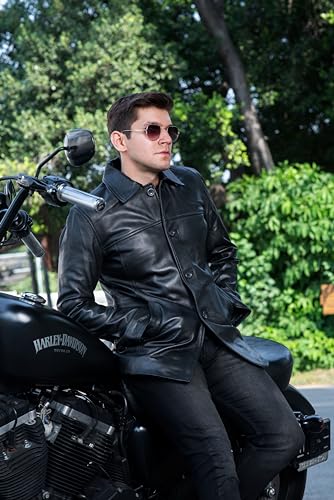 TLC Black Real Leather Trench Coat for Men – 3/4 Length Car Coat – Genuine Lambskin Jacket - Classic Button-Up Soft Coat Men