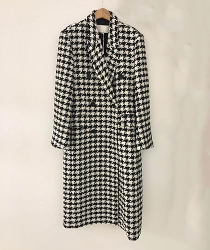 Women's Houndstooth Trench Coat Notch Lapel Double Breasted Quilted Lined Long Jacket Overcoat Pea Coat