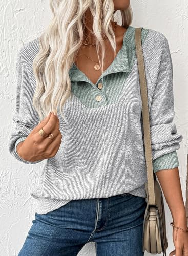 Womens Fall Fashion 2025 Womens Long Sleeve Shirts Patchwork Button Up V Neck Sweatshirt Casual Pullover Tops