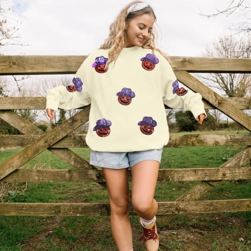 Halloween Sweatshirts for Women Sequin Ghost Pumpkin Sweatshirt Funny Spooky Season Shirt Sparkle Fall Pullover Tops
