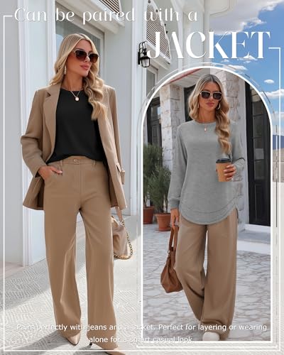 3 Pack Women's Long Sleeve Shirts, Cotton Crew Neck Tunic Tops Casual Loose Fit Pullover Sweatshirts Curved Hem Shirts