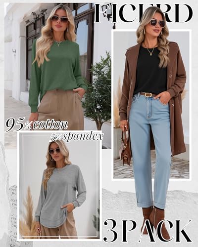 3 Pack Women's Long Sleeve Shirts, Cotton Crew Neck Tunic Tops Casual Loose Fit Pullover Sweatshirts Curved Hem Shirts